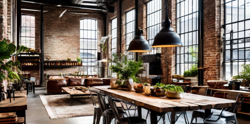 Stile-industriale-zona-pranzo-con-living