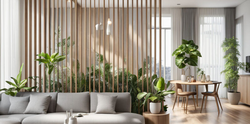 Parete-divisoria-listelli-legno-con-piante