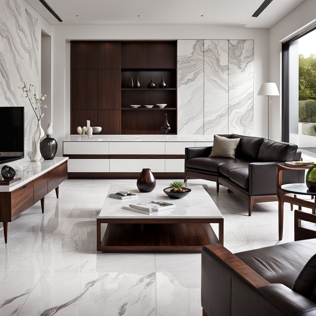 Bodeneffekt-Marmor-weiß-Möbel-in-Holz